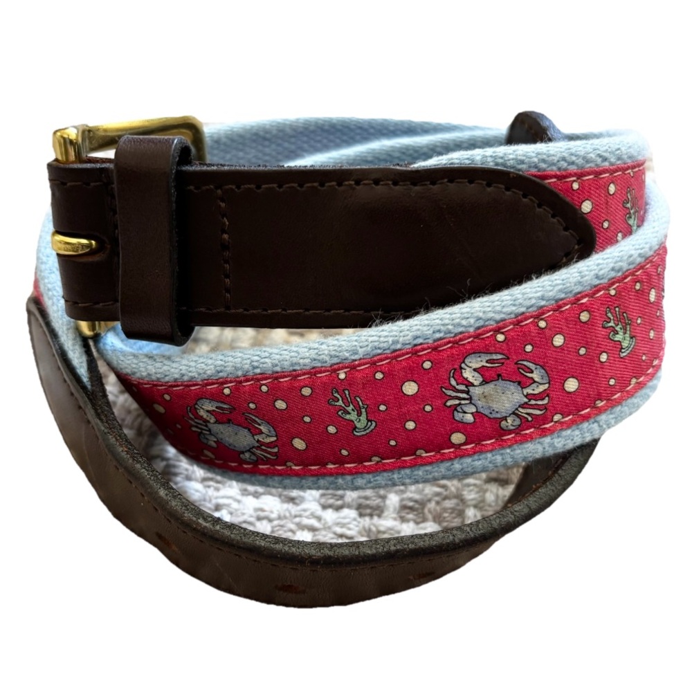 VINEYARD VINES Red Crab Print Pattern Belt with Brown Leather Novelty Fun Preppy - Picture 5 of 5